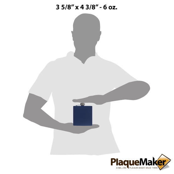Size Guide With Blank Figure Holding Custom Navy Blue Powder Coated Stainless Steel Flask Against A White Background
