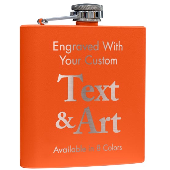 Custom Orange Powder Coated Stainless Steel Flask Laser Engraved To Show Customizable Areas For Text And Artwork