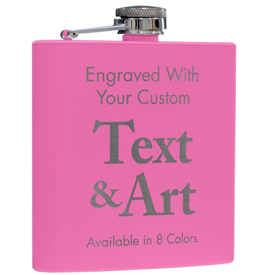 Custom Pink Powder Coated Stainless Steel Flask Laser Engraved To Show Customizable Areas For Text And Artwork
