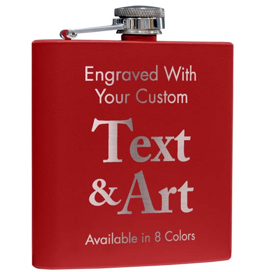 Custom Red Powder Coated Stainless Steel Flask Laser Engraved To Show Customizable Areas For Text And Artwork