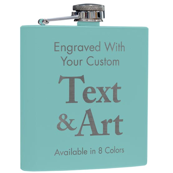 Custom Teal Powder Coated Stainless Steel Flask Laser Engraved To Show Customizable Areas For Text And Artwork