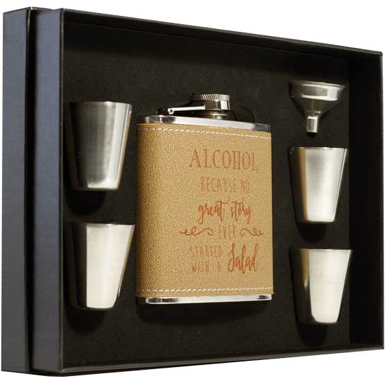 Leather Wrapped Stainless Steel Flask With Funny Alcohol Message In A Black Presentation Box With A Funnel And Shot Glasses