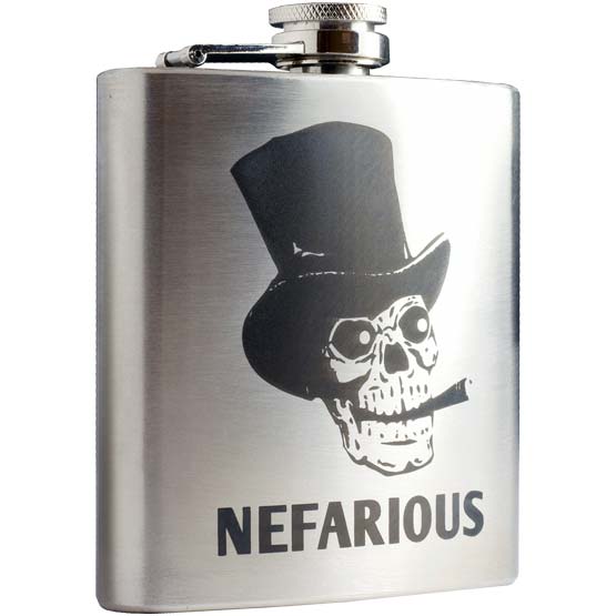 Custom Six Ounce Stainless Steel Flask Laser Fused With Nefarious Text And Artwork Of Skull Smoking Cigar And Wearing Top Hat