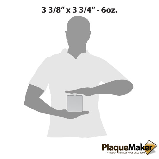 Size Guide With Blank Figure Holding Custom Stainless Steel Flask Between Hands Against A White Background