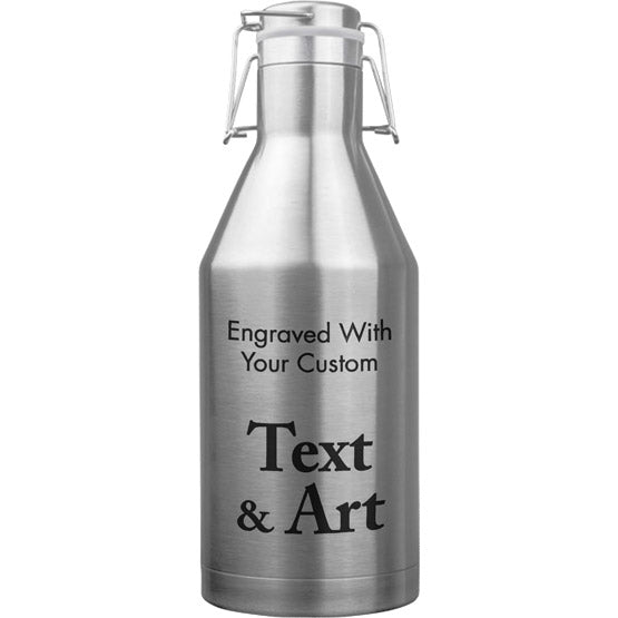 Custom Stainless Steel Beer Growler With Swing Top Lid And Laser Engraved To Show Customizable Areas For Text And Art
