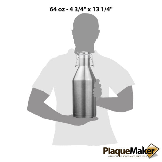 Size Guide With Blank Figure Holding Custom Stainless Steel Beer Growler With Swing Top Lid Against White Background