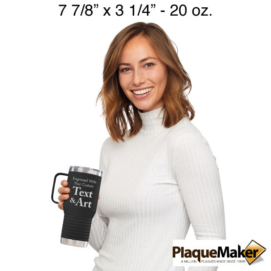 Size Guide With Happy Woman Holding Black Stainless Steel Coffee Tumbler With Handle And Engraved To Show Customizable Areas