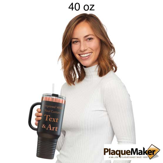Size Guide With Happy Woman Holding Custom Black And Rose Gold Stainless Steel Coffee Tumbler With Handle And Straw