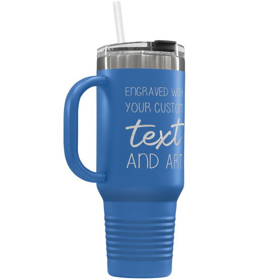 Blue Stainless Steel Coffee Tumbler With Handle And Straw And Laser Engraved To Show Customizable Areas For Text And Art