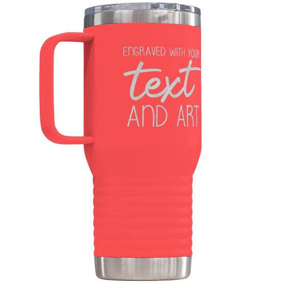 Custom Coral Stainless Steel Coffee Tumbler With Handle And Laser Engraved To Show Customizable Areas For Text And Art