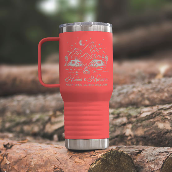 Coral Stainless Steel Coffee Tumbler With Handle And Engraving Of Camping Clipart And Names And Date On Wood Log Outdoors 