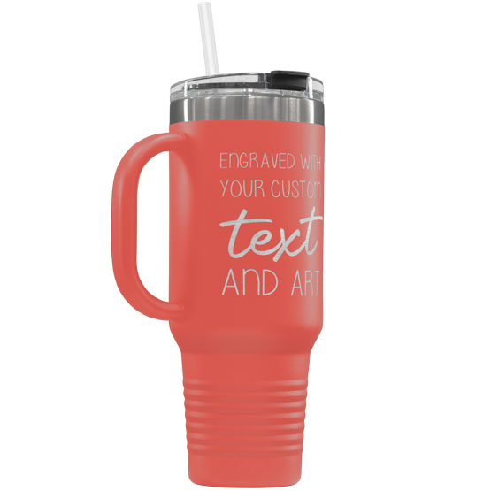 Custom Coral Stainless Steel Coffee Tumbler With Handle And Straw And Engraved To Show Customizable Areas For Text And Art