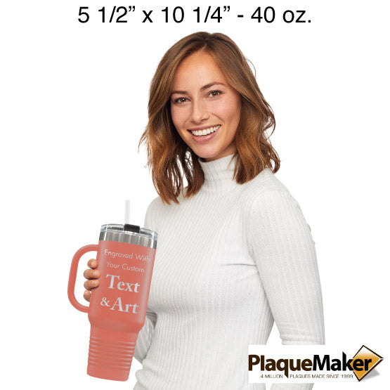 Size Guide With Happy Woman Holding Coral Stainless Steel Coffee Tumbler With Handle And Straw And Showing Customizable Areas