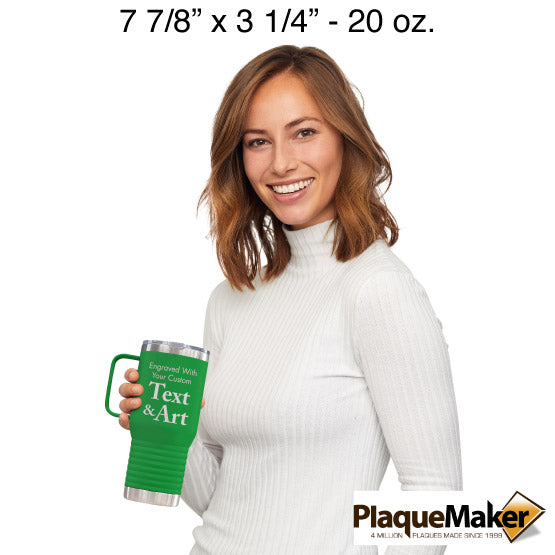 Size Guide With Happy Woman Holding Green Stainless Steel Coffee Tumbler With Handle And Engraved To Show Customizable Areas