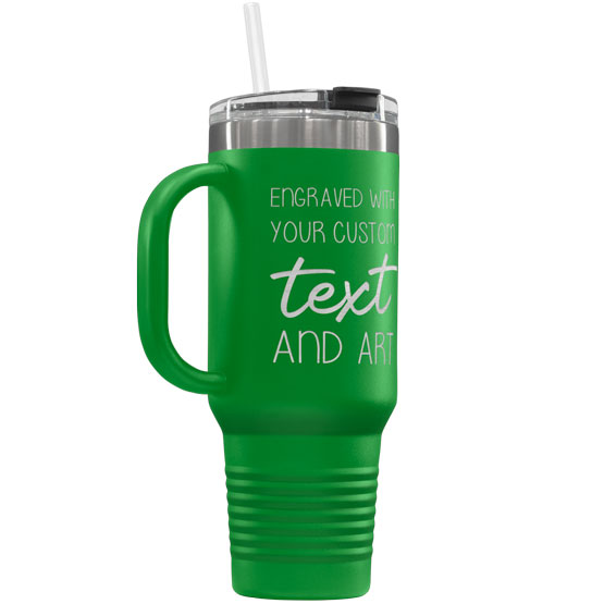 Custom Green Stainless Steel Coffee Tumbler With Handle And Straw And Engraved To Show Customizable Areas For Text And Art