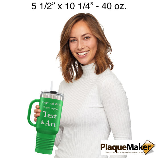 Size Guide With Happy Woman Holding Green Stainless Steel Coffee Tumbler With Handle And Straw And Customizable Areas