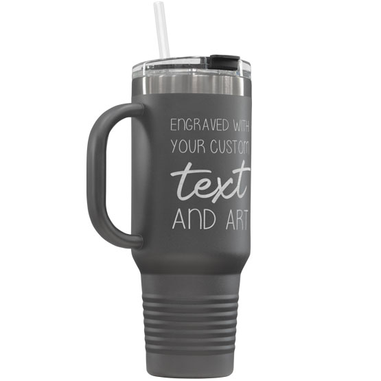 Custom Gray Stainless Steel Coffee Tumbler With Handle And Straw And Engraved To Show Customizable Areas For Text And Art