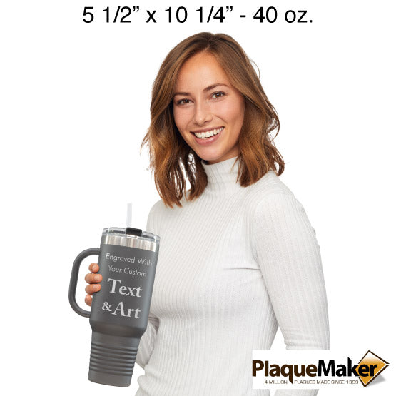 Size Guide With Happy Woman Holding Gray Stainless Steel Coffee Tumbler With Handle And Straw And Showing Customizable Areas