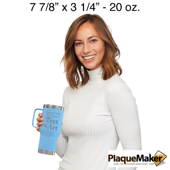 Size Guide With Happy Woman Holding Light Blue Stainless Steel Coffee Tumbler With Handle And Showing Customizable Areas