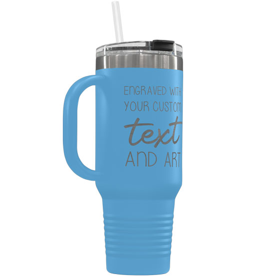 Light Blue Stainless Steel Coffee Tumbler With Handle And Straw And Engraved To Show Customizable Areas For Text And Art