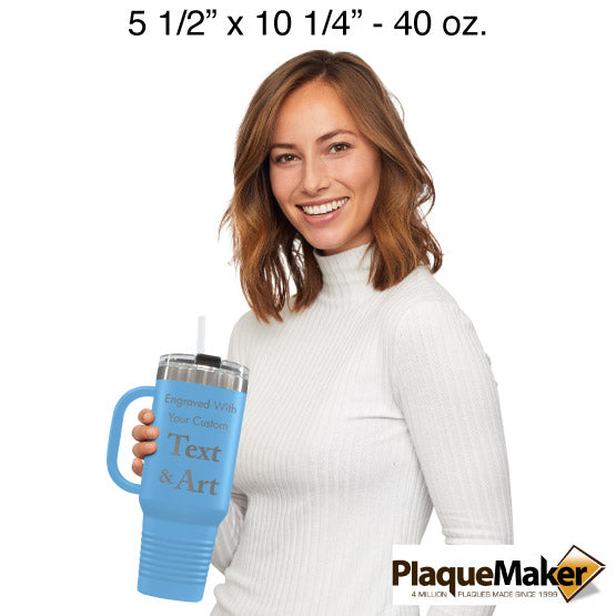 Size Guide With Happy Woman Holding Light Blue Stainless Steel Coffee Tumbler With Handle And Straw And Customizable Areas