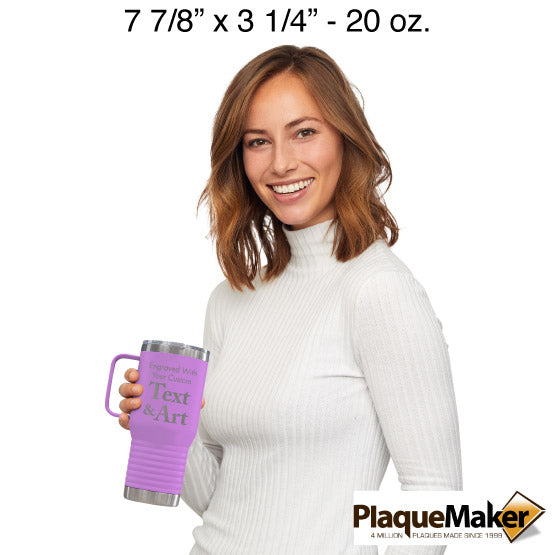 Size Guide With Happy Woman Holding Light Purple Stainless Steel Coffee Tumbler With Handle And Showing Customizable Areas