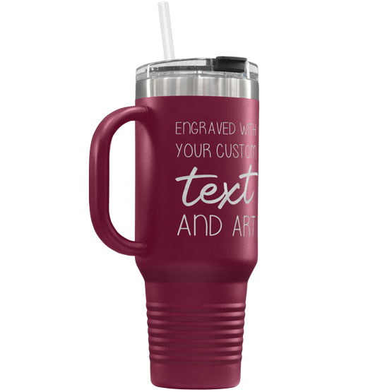 Maroon Stainless Steel Coffee Tumbler With Handle And Straw And Engraved To Show Customizable Areas For Text And Art
