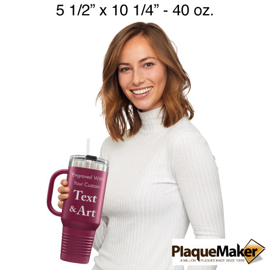 Size Guide With Happy Woman Holding Maroon Stainless Steel Coffee Tumbler With Handle And Straw And Customizable Areas