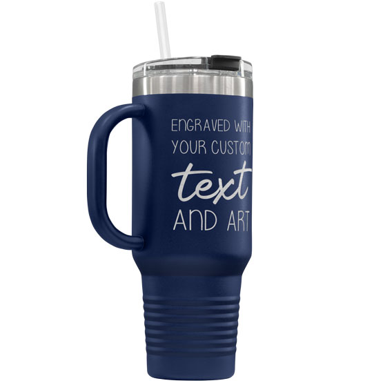 Navy Blue Stainless Steel Coffee Tumbler With Handle And Straw And Engraved To Show Customizable Areas For Text And Art