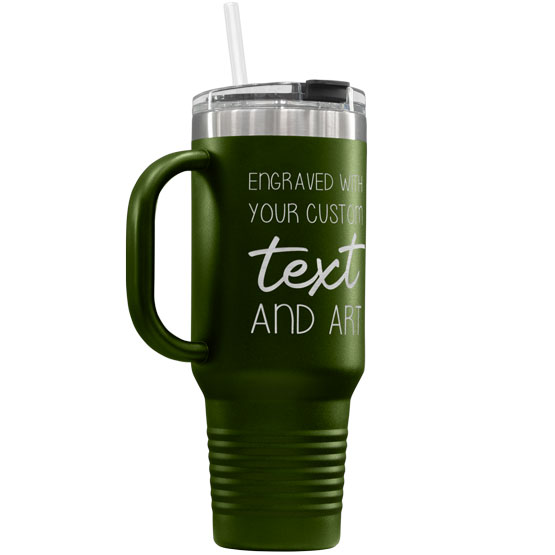 Olive Green Stainless Steel Coffee Tumbler With Handle And Straw And Engraved To Show Customizable Areas For Text And Art