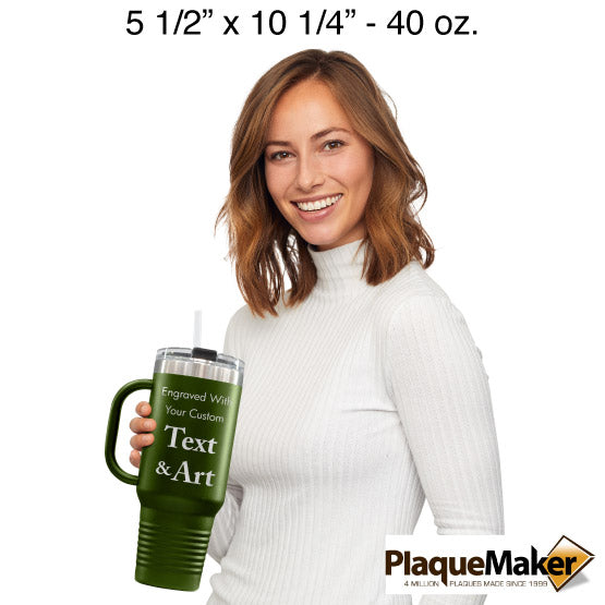 Size Guide With Happy Woman Holding Olive Green Stainless Steel Coffee Tumbler With Handle And Straw And Customizable Areas
