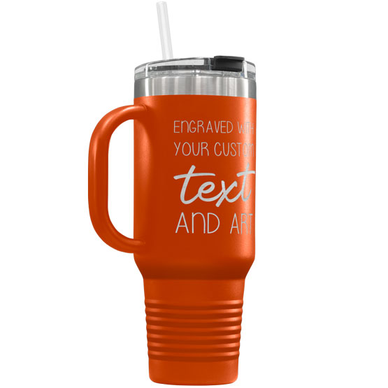 Orange Stainless Steel Coffee Tumbler With Handle And Straw And Engraved To Show Customizable Areas For Text And Art