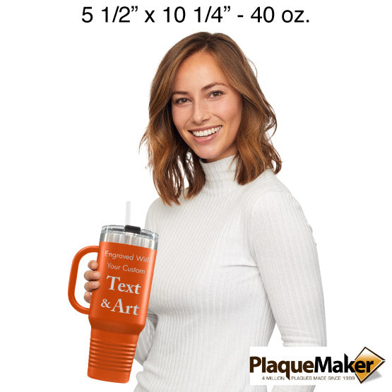Size Guide With Happy Woman Holding Orange Stainless Steel Coffee Tumbler With Handle And Straw And Customizable Areas