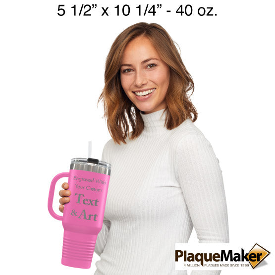 Size Guide With Happy Woman Holding Pink Stainless Steel Coffee Tumbler With Handle And Straw And Customizable Areas