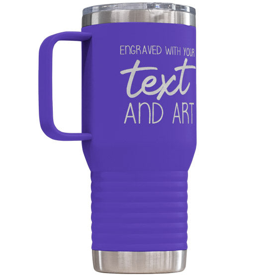 Purple Stainless Steel Coffee Tumbler With Handle And Laser Engraved To Show Customizable Areas For Text And Art