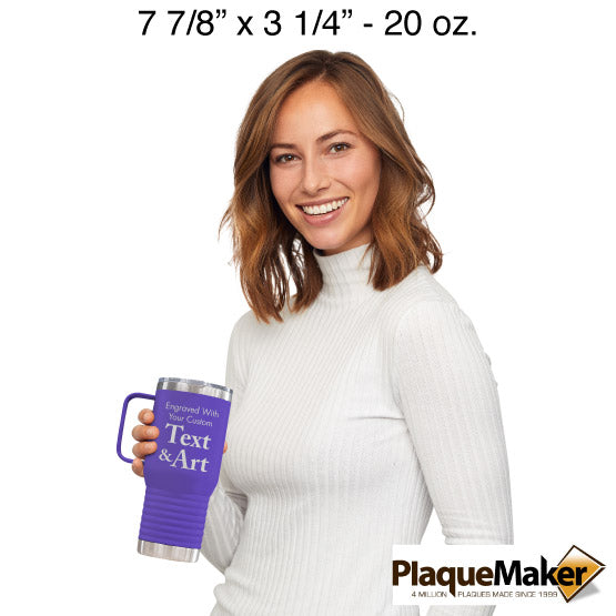 Size Guide With Happy Woman Holding Purple Stainless Steel Coffee Tumbler With Handle And Showing Customizable Areas