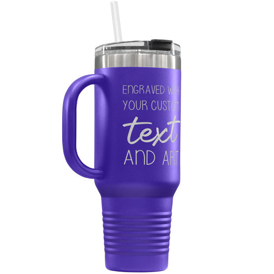 Purple Stainless Steel Coffee Tumbler With Handle And Straw And Engraved To Show Customizable Areas For Text And Art