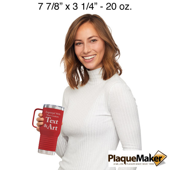 Size Guide With Happy Woman Holding Red Stainless Steel Coffee Tumbler With Handle And Showing Customizable Areas