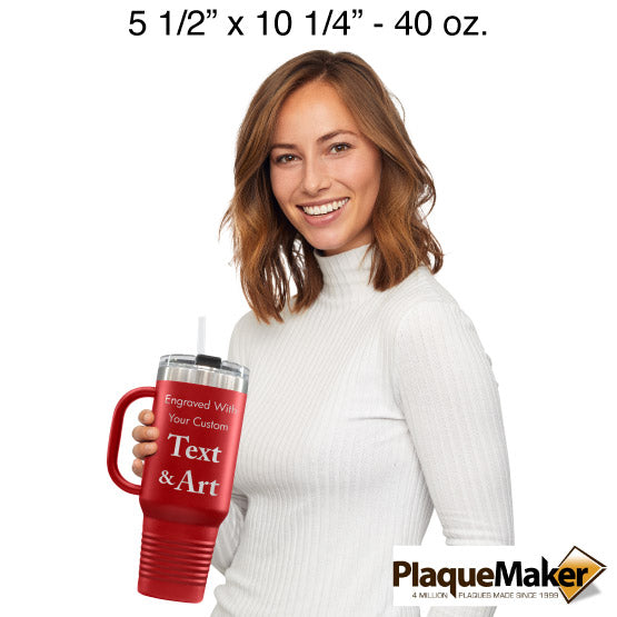 Size Guide With Happy Woman Holding Red Stainless Steel Coffee Tumbler With Handle And Straw And Customizable Areas