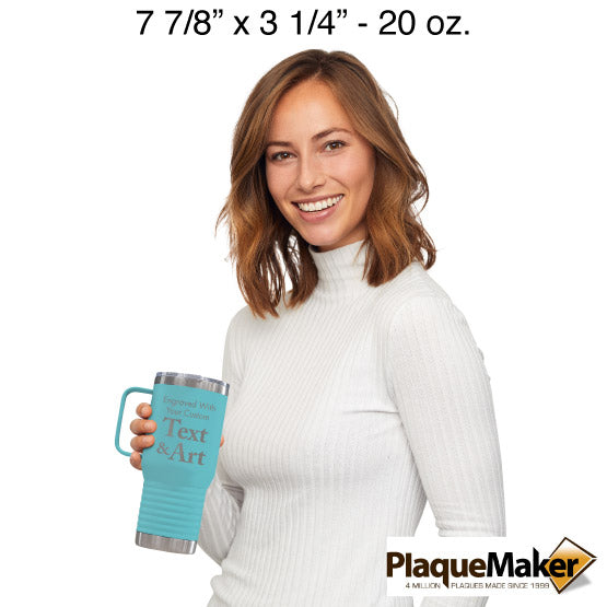 Size Guide With Happy Woman Holding Teal Stainless Steel Coffee Tumbler With Handle And Engraved To Show Customizable Areas