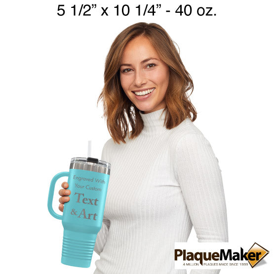 Size Guide With Happy Woman Holding Teal Stainless Steel Coffee Tumbler With Handle And Straw And Showing Customizable Areas