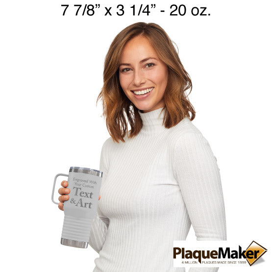 Size Guide With Happy Woman Holding White Stainless Steel Coffee Tumbler With Handle And Engraved To Show Customizable Areas