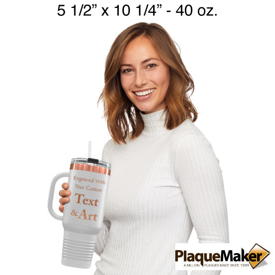 Size Guide With Happy Woman Holding Customizable White And Rose Gold Stainless Steel Coffee Tumbler With Handle And Straw