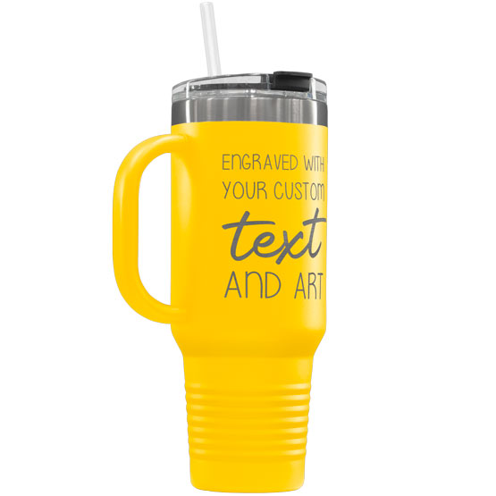 Custom Yellow Stainless Steel Coffee Tumbler With Handle And Straw And Engraved To Show Customizable Areas For Text And Art