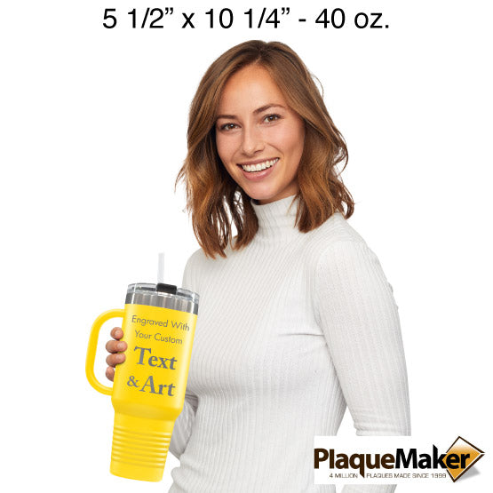 Size Guide With Happy Woman Holding Yellow Stainless Steel Coffee Tumbler With Handle And Straw And Customizable Areas