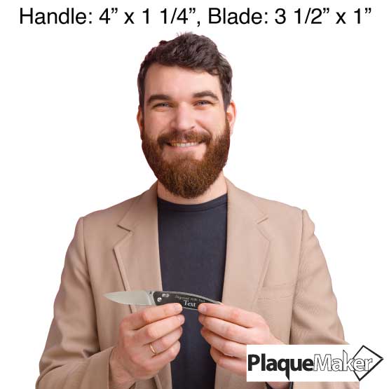 Size Guide With Man Holding Black Stainless Steel Folding Knife With Button Lock And Engraved To Show Customizable Areas