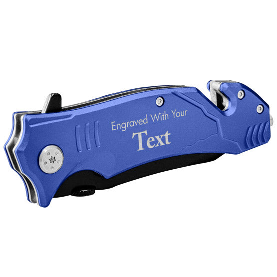 Custom Blue Stainless Steel Rescue Knife Folded Into Closed Position And Laser Engraved To Show Customizable Areas