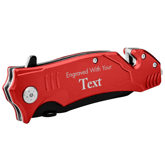 Custom Red Stainless Steel Rescue Knife Folded Into Closed Position And Laser Engraved To Show Customizable Areas