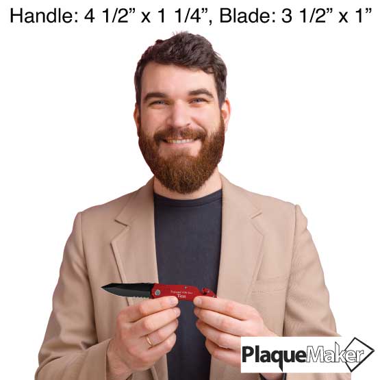 Size Guide With Man Holding Red Stainless Steel Rescue Knife Unfolded And Laser Engraved To Show Customizable Areas
