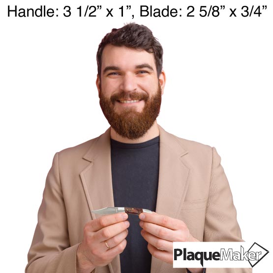 Size Guide With Man Holding Stainless Steel Folding Knife With Wood Handle And Engraved To Show Customizable Areas